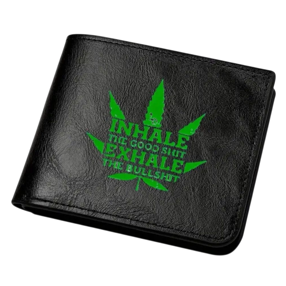 Black Leather Wallet with Green Leaf Design